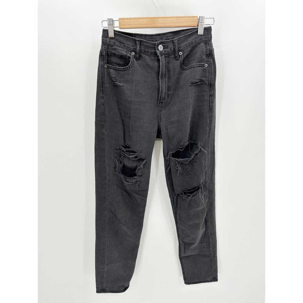 American Eagle‎ Mom Jeans Women 0R Black Denim Distressed Cotton High Waisted